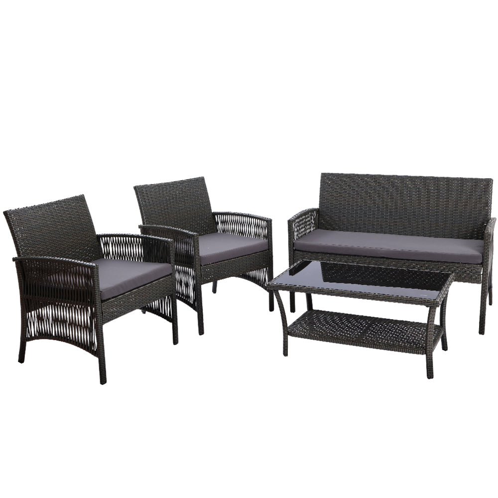 Gardeon 4PCS Outdoor Sofa Set Wicker Harp Chair Table Garden Furniture Grey ODF-RATTAN-HARP-GE-AB