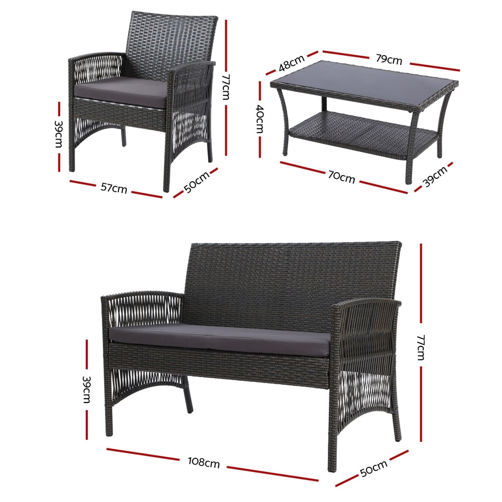 Gardeon 4PCS Outdoor Sofa Set Wicker Harp Chair Table Garden Furniture Grey ODF-RATTAN-HARP-GE-AB