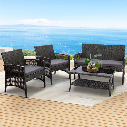 Gardeon 4PCS Outdoor Sofa Set Wicker Harp Chair Table Garden Furniture Grey ODF-RATTAN-HARP-GE-AB