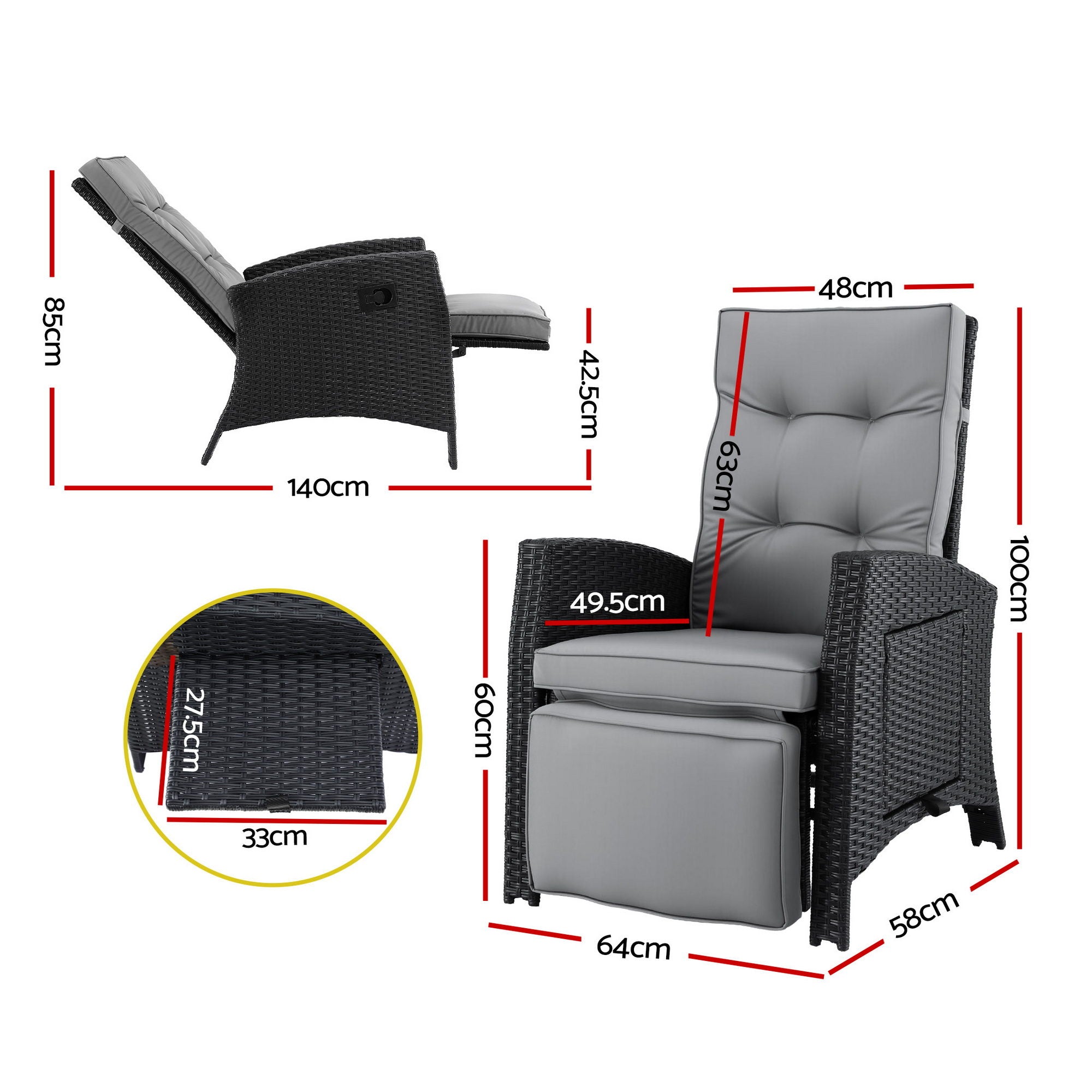Gardeon Outdoor Recliner Chairs Sun lounge Wicker Lounger Patio Furniture Adjustable Black ODF-RCL-DT-BK