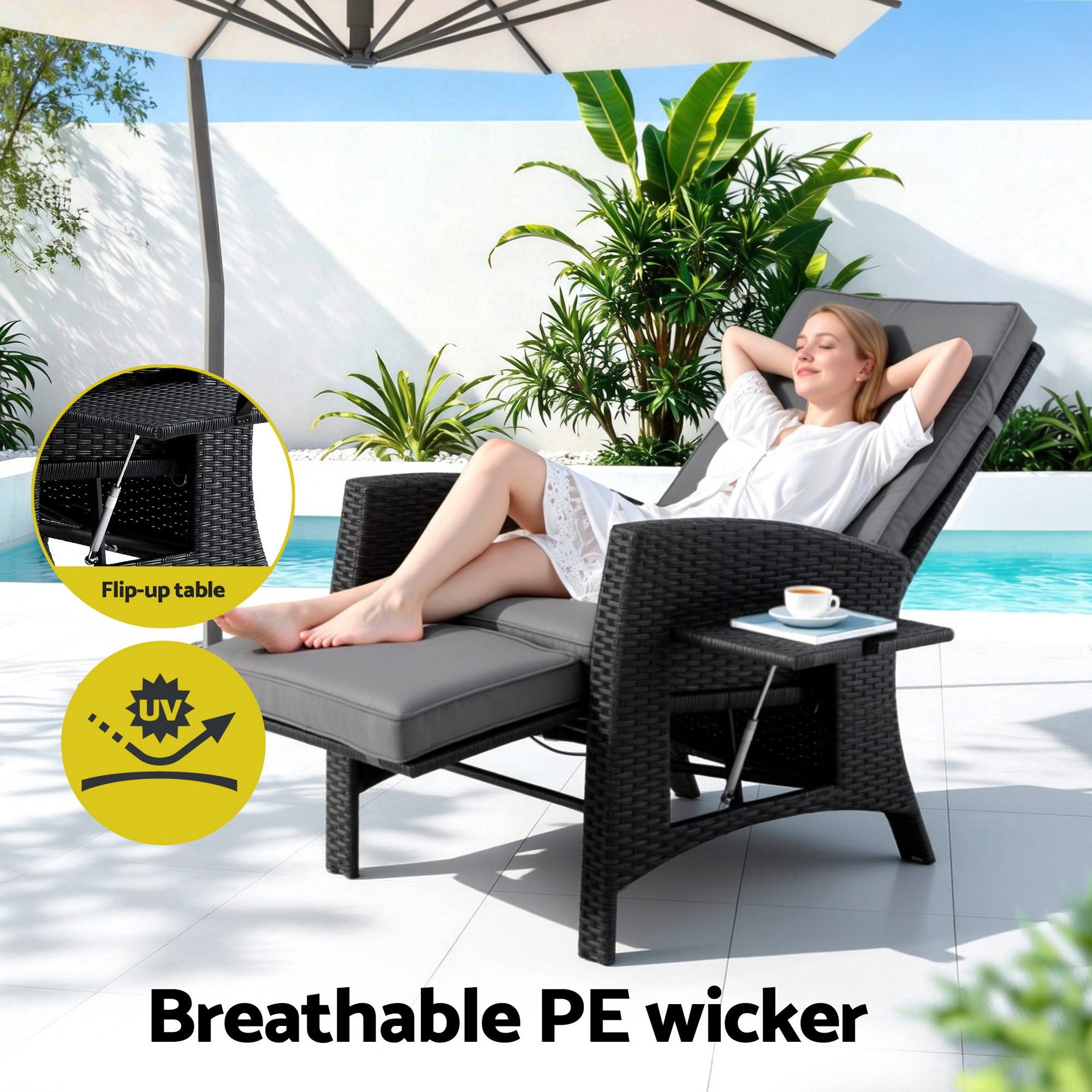 Gardeon Outdoor Recliner Chairs Sun lounge Wicker Lounger Patio Furniture Adjustable Black ODF-RCL-DT-BK
