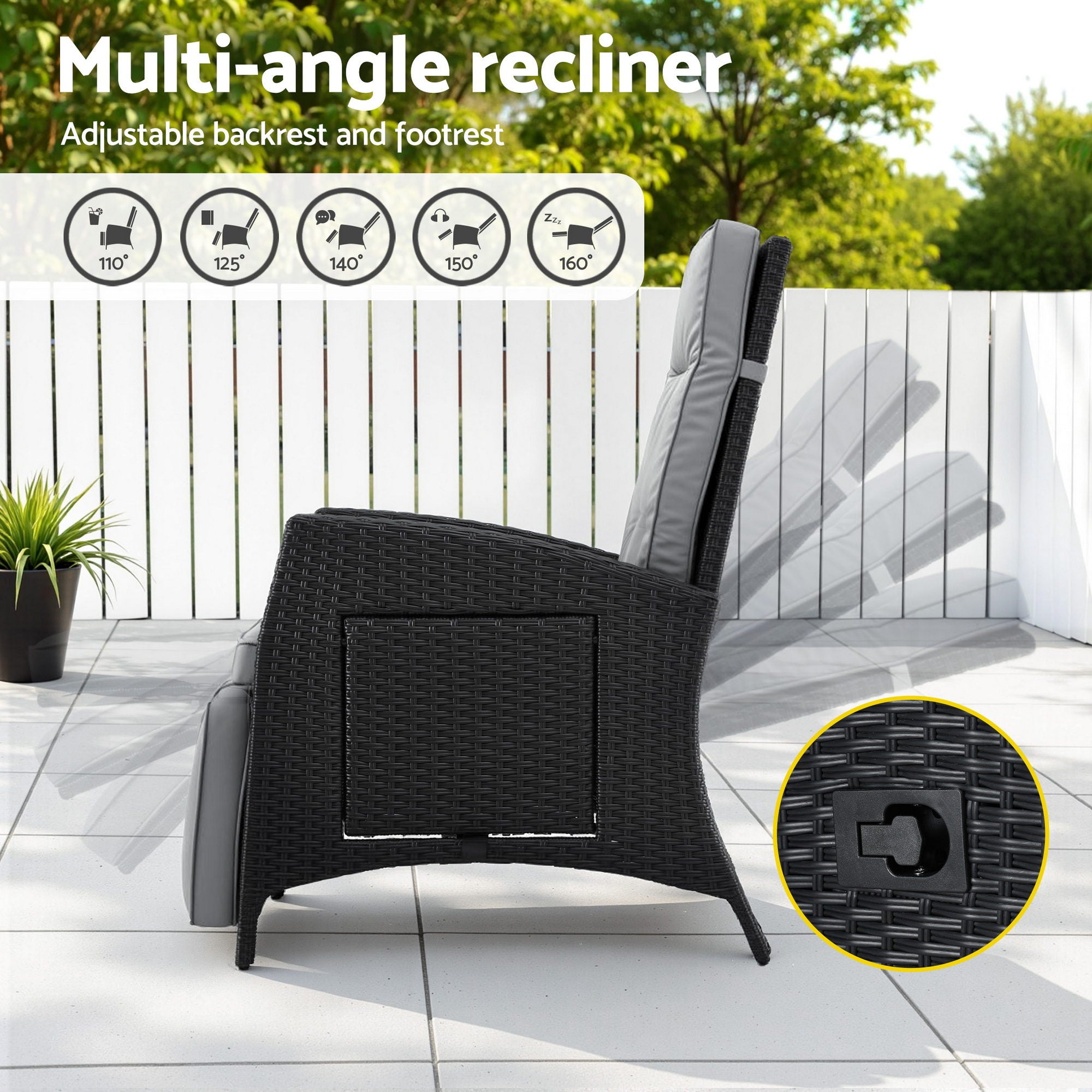 Gardeon Outdoor Recliner Chairs Sun lounge Wicker Lounger Patio Furniture Adjustable Black ODF-RCL-DT-BK