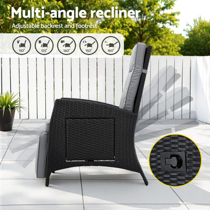 Gardeon Outdoor Recliner Chairs Sun lounge Wicker Lounger Patio Furniture Adjustable Black ODF-RCL-DT-BK