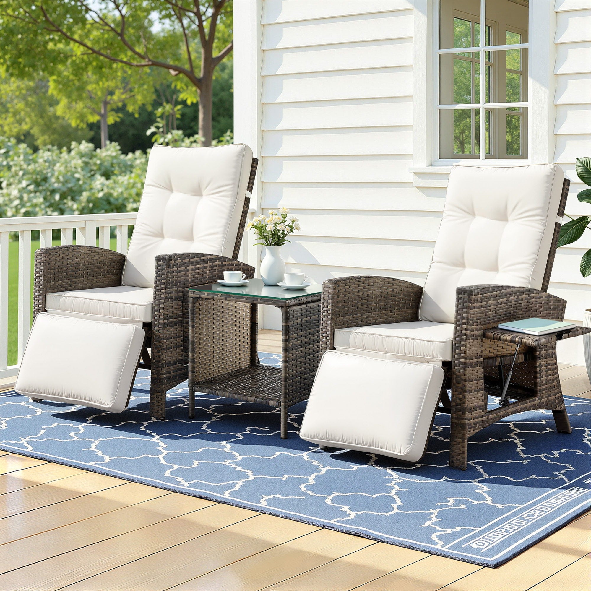 Gardeon 3PC Outdoor Bistro Set Recliner Chairs Table Sun lounge Patio Furniture Wicker Adjustable ODF-RCL-DT-NTL-3PC-AB