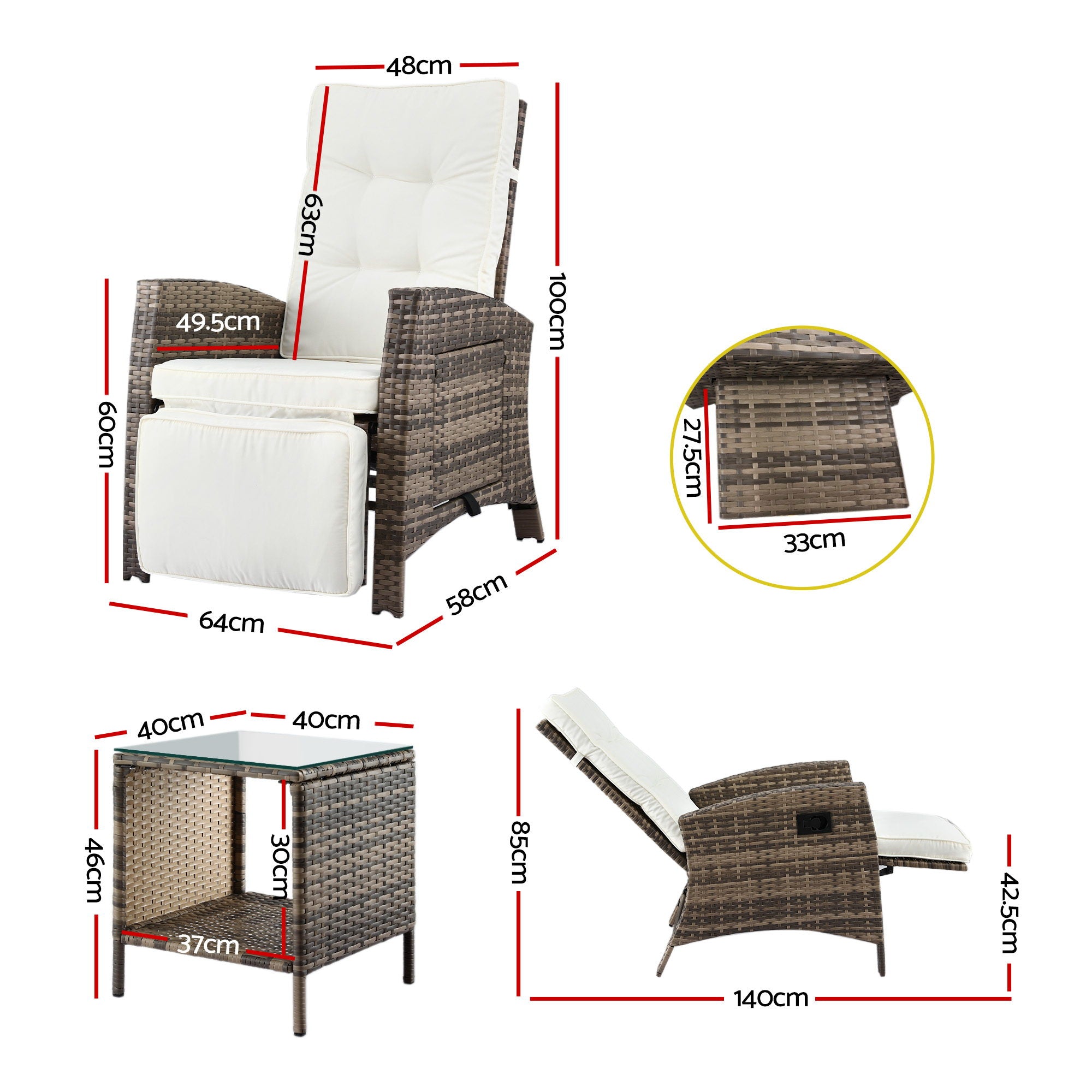 Gardeon 3PC Outdoor Bistro Set Recliner Chairs Table Sun lounge Patio Furniture Wicker Adjustable ODF-RCL-DT-NTL-3PC-AB