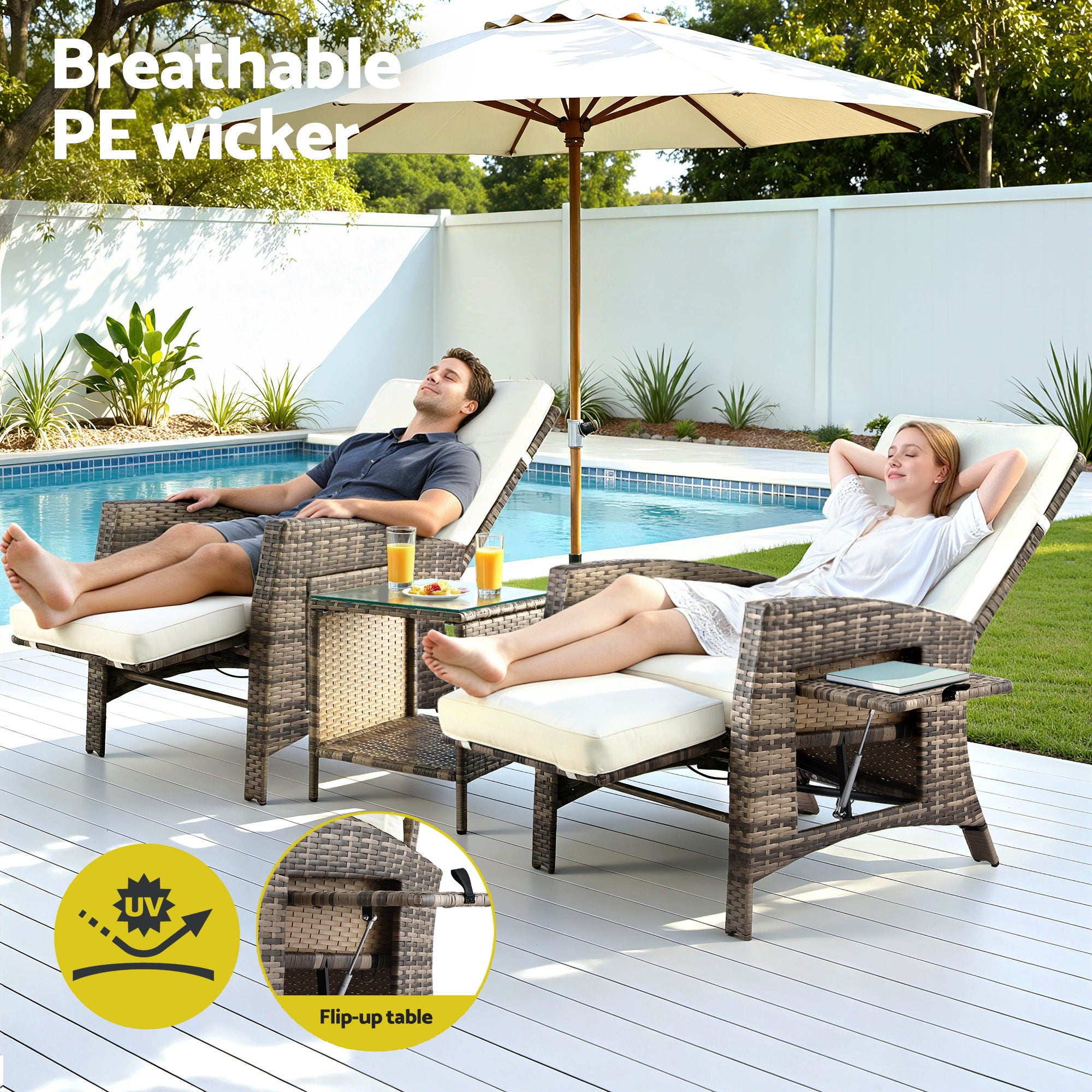 Gardeon 3PC Outdoor Bistro Set Recliner Chairs Table Sun lounge Patio Furniture Wicker Adjustable ODF-RCL-DT-NTL-3PC-AB