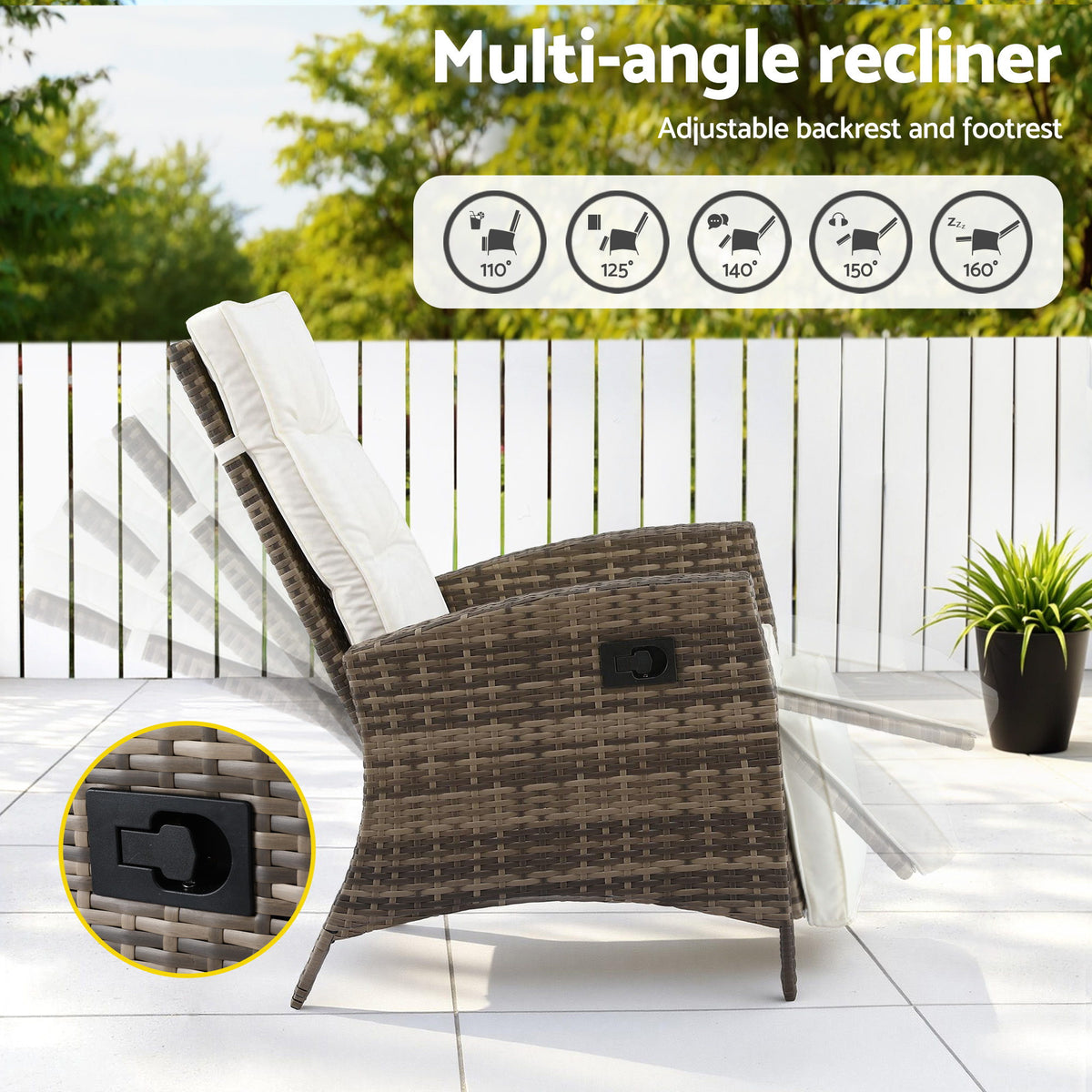 Gardeon 3PC Outdoor Bistro Set Recliner Chairs Table Sun lounge Patio Furniture Wicker Adjustable ODF-RCL-DT-NTL-3PC-AB