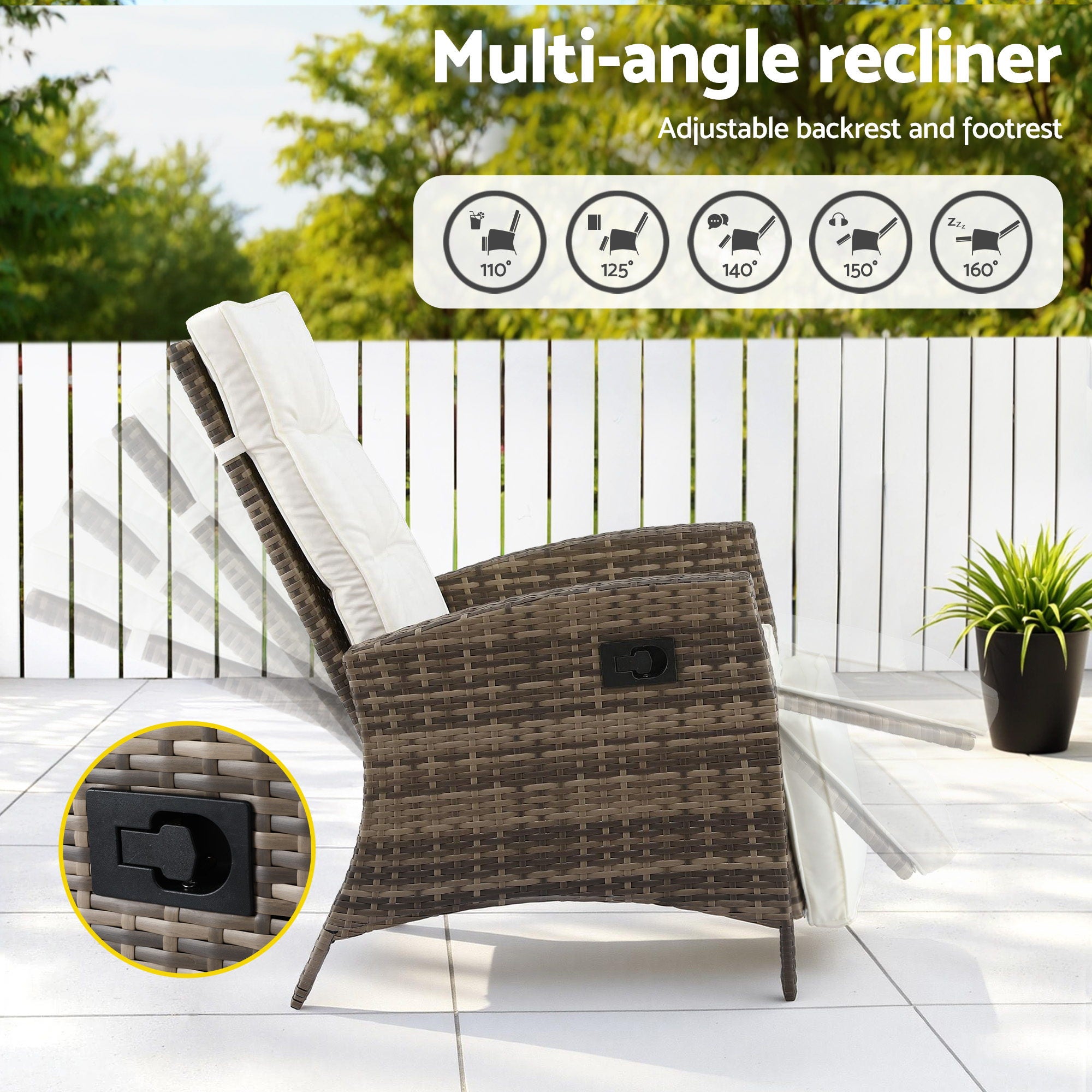 Gardeon 3PC Outdoor Bistro Set Recliner Chairs Table Sun lounge Patio Furniture Wicker Adjustable ODF-RCL-DT-NTL-3PC-AB