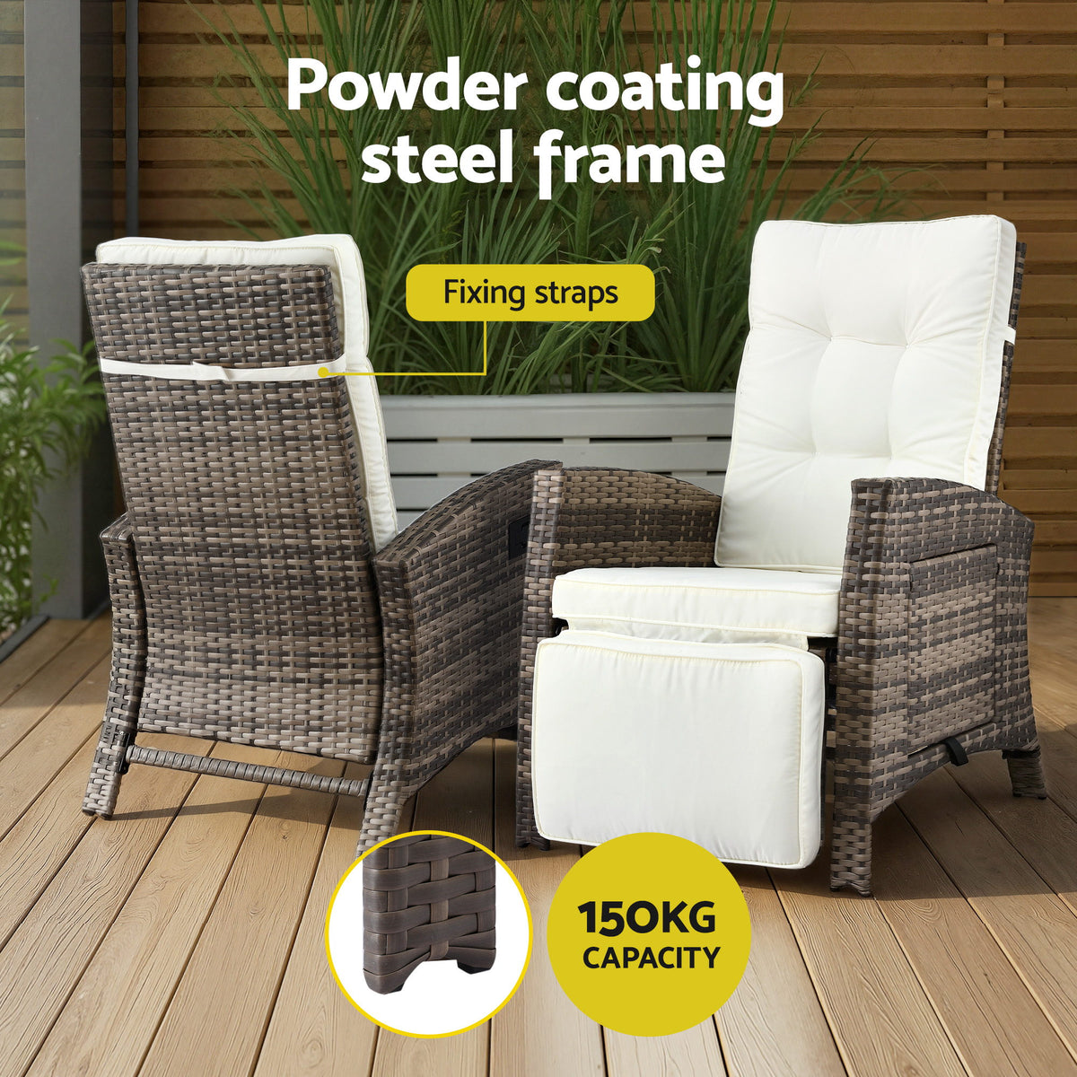 Gardeon 3PC Outdoor Bistro Set Recliner Chairs Table Sun lounge Patio Furniture Wicker Adjustable ODF-RCL-DT-NTL-3PC-AB