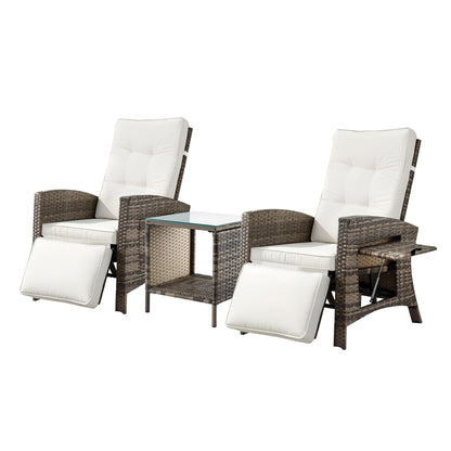 Gardeon 3PC Outdoor Bistro Set Recliner Chairs Table Sun lounge Patio Furniture Wicker Adjustable ODF-RCL-DT-NTL-3PC-AB
