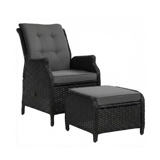 Gardeon Recliner Chair Sun lounge Wicker Lounger Outdoor Furniture Patio Adjustable Black ODF-RCL-RW-CHOTM-BK