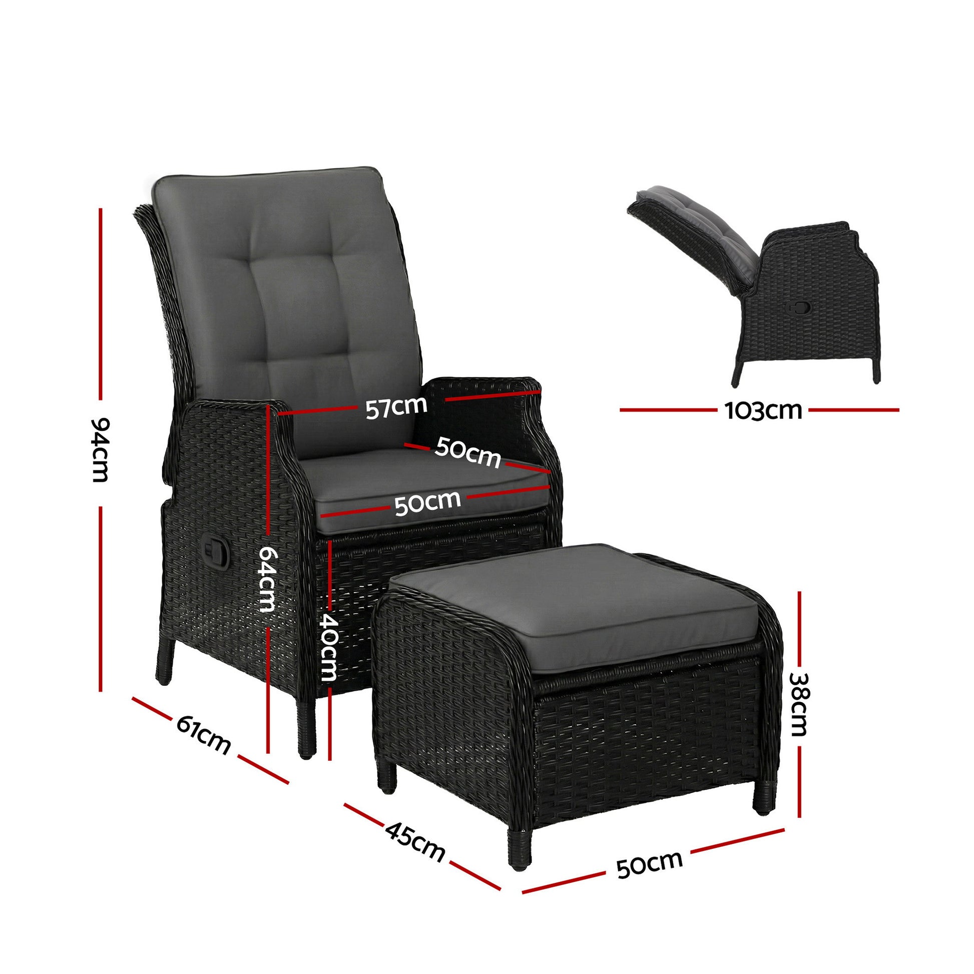 Gardeon Recliner Chair Sun lounge Wicker Lounger Outdoor Furniture Patio Adjustable Black ODF-RCL-RW-CHOTM-BK