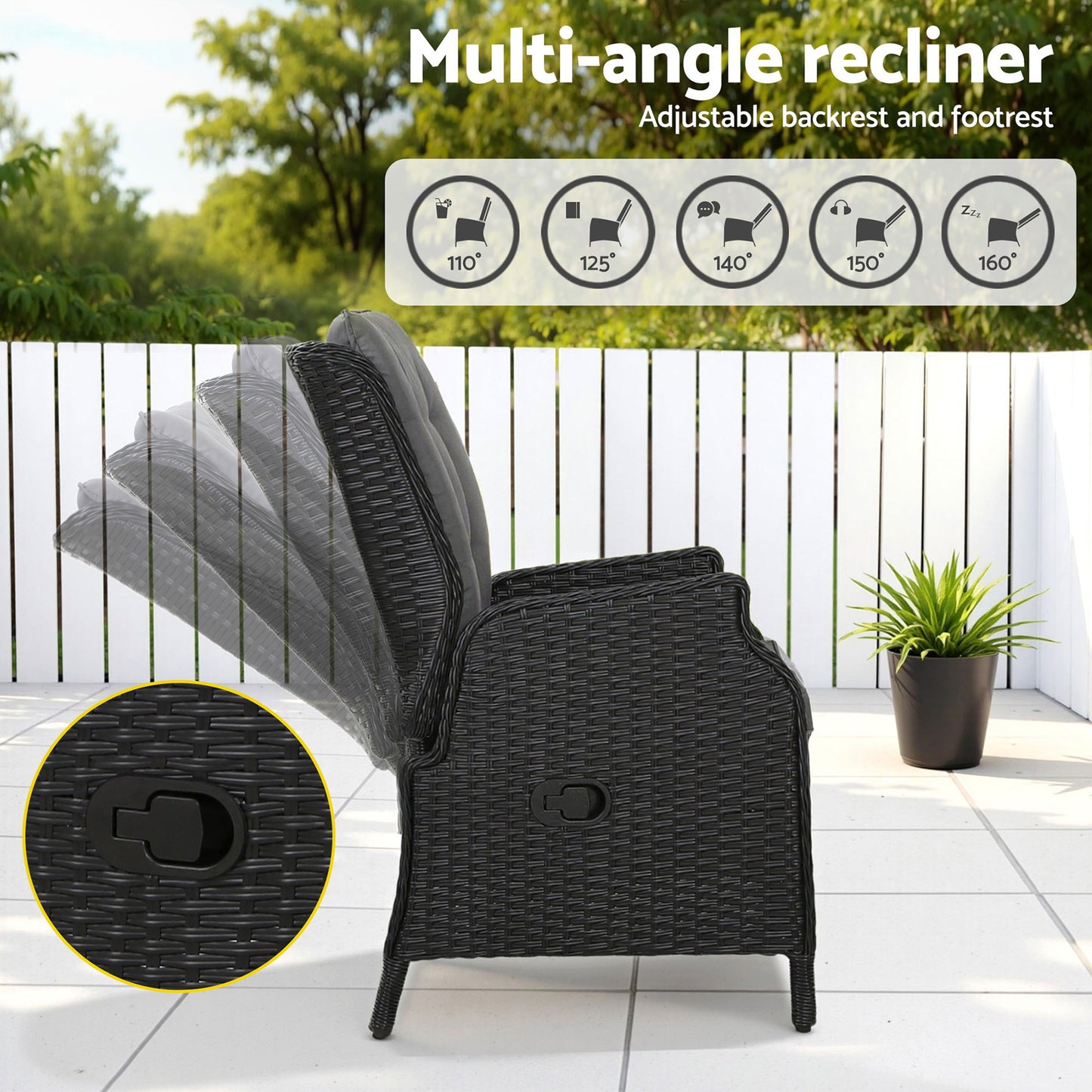 Gardeon Recliner Chair Sun lounge Wicker Lounger Outdoor Furniture Patio Adjustable Black ODF-RCL-RW-CHOTM-BK