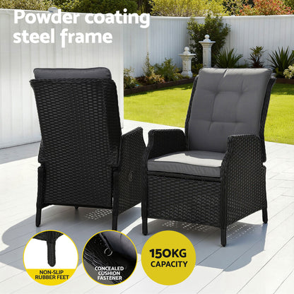 Gardeon Recliner Chair Sun lounge Wicker Lounger Outdoor Furniture Patio Adjustable Black ODF-RCL-RW-CHOTM-BK