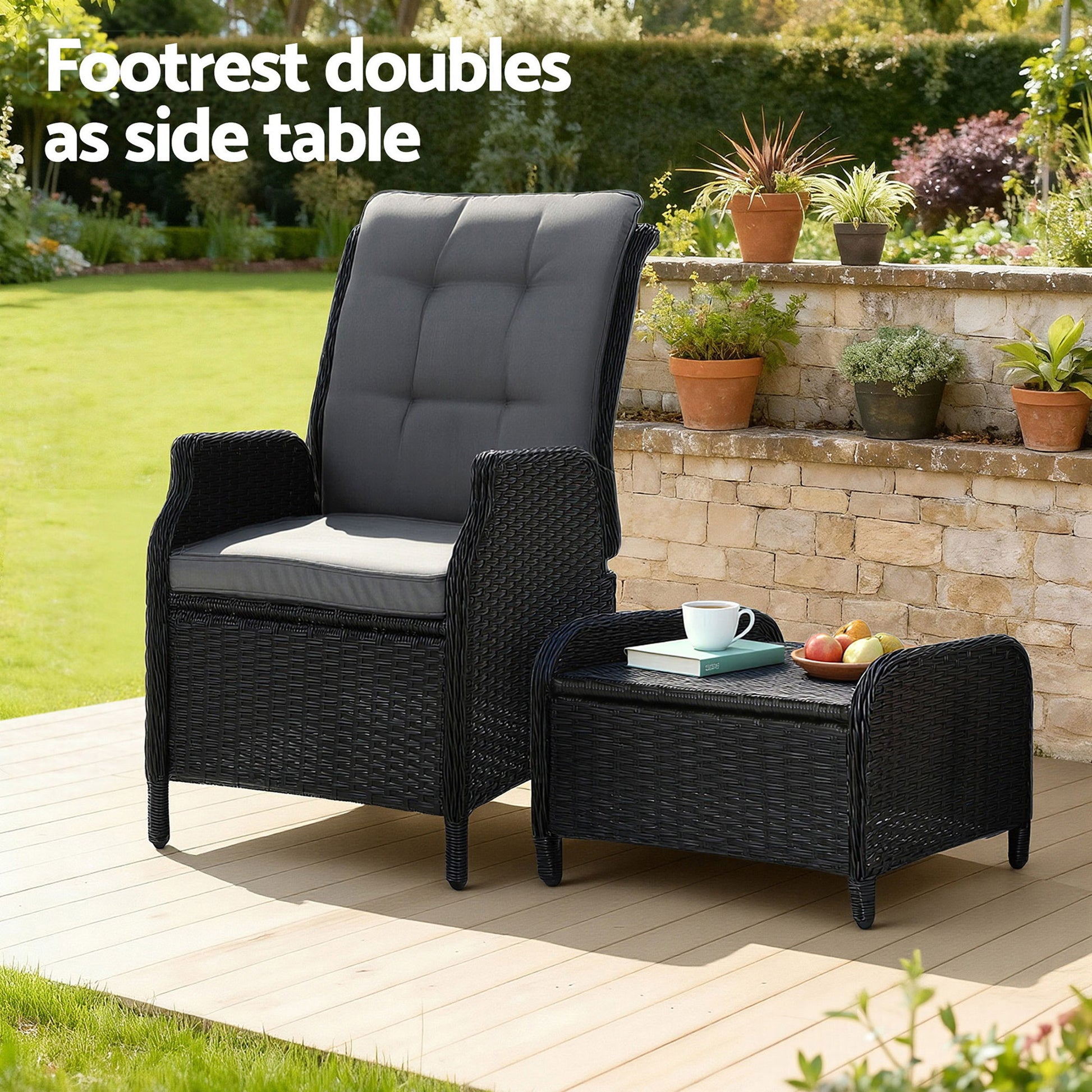 Gardeon Recliner Chair Sun lounge Wicker Lounger Outdoor Furniture Patio Adjustable Black ODF-RCL-RW-CHOTM-BK