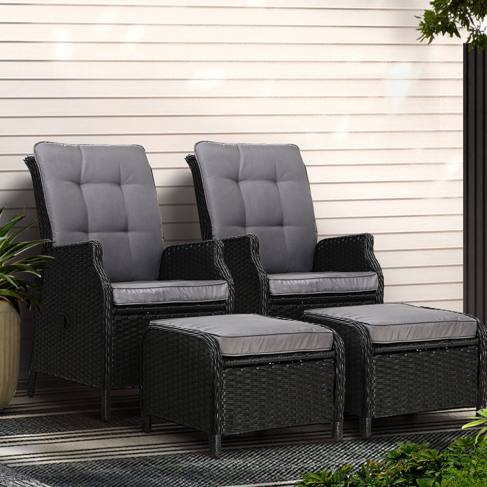 Gardeon 2PC Recliner Chair Sun lounge Wicker Lounger Outdoor Furniture Adjustable Black ODF-RCL-RW-CHOTM-BKX2