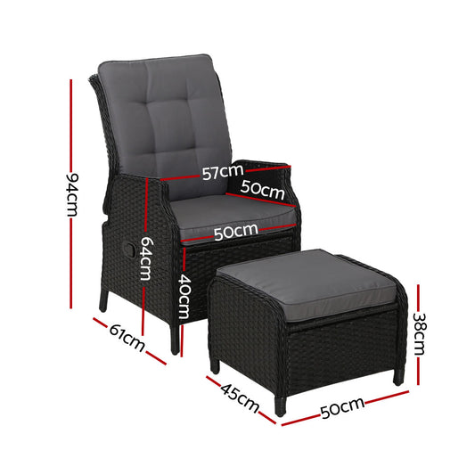 Gardeon 2PC Recliner Chair Sun lounge Wicker Lounger Outdoor Furniture Adjustable Black ODF-RCL-RW-CHOTM-BKX2