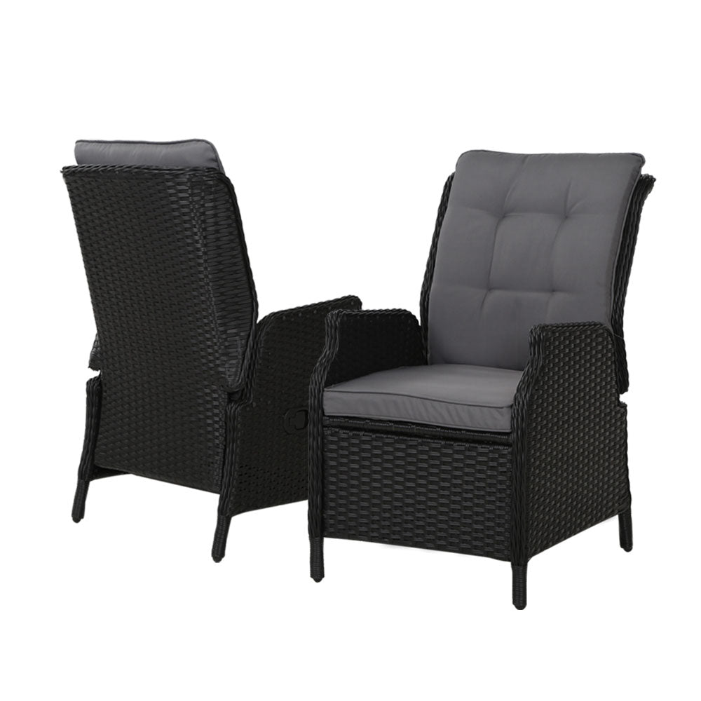 Gardeon 2PC Recliner Chair Sun lounge Wicker Lounger Outdoor Furniture Adjustable Black ODF-RCL-RW-CHOTM-BKX2