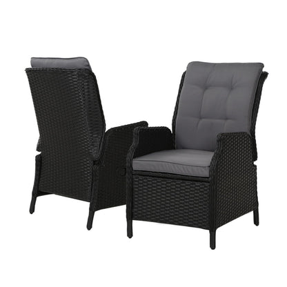 Gardeon 2PC Recliner Chair Sun lounge Wicker Lounger Outdoor Furniture Adjustable Black ODF-RCL-RW-CHOTM-BKX2
