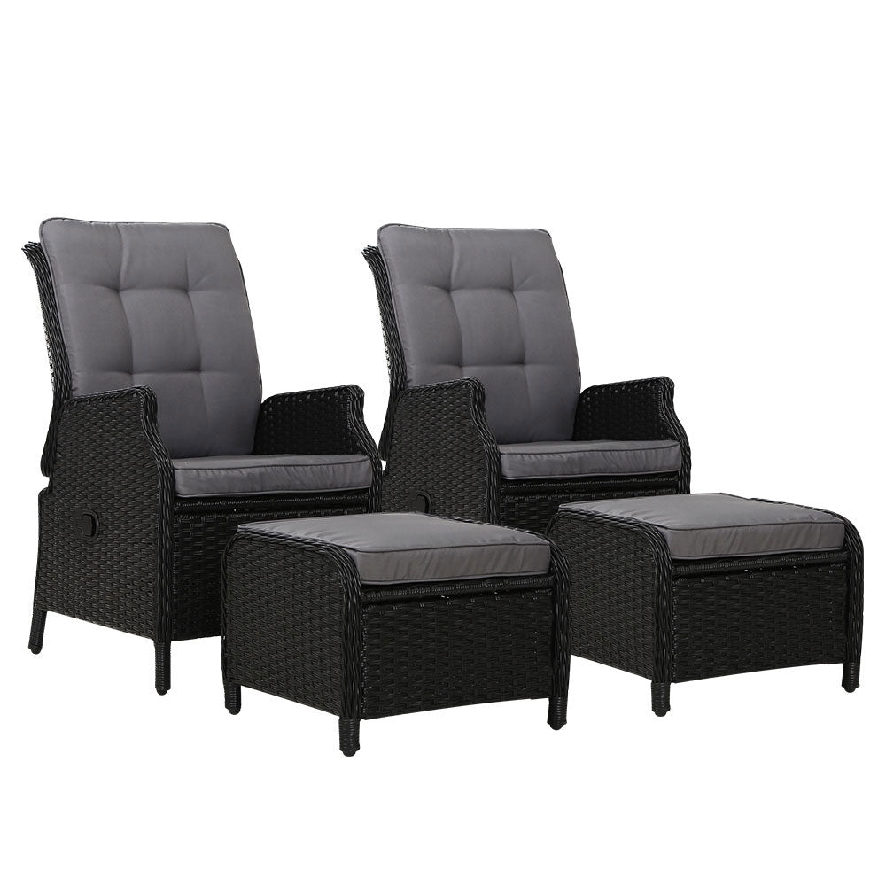 Gardeon 2PC Recliner Chair Sun lounge Wicker Lounger Outdoor Furniture Adjustable Black ODF-RCL-RW-CHOTM-BKX2