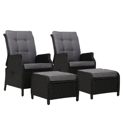 Gardeon 2PC Recliner Chair Sun lounge Wicker Lounger Outdoor Furniture Adjustable Black ODF-RCL-RW-CHOTM-BKX2