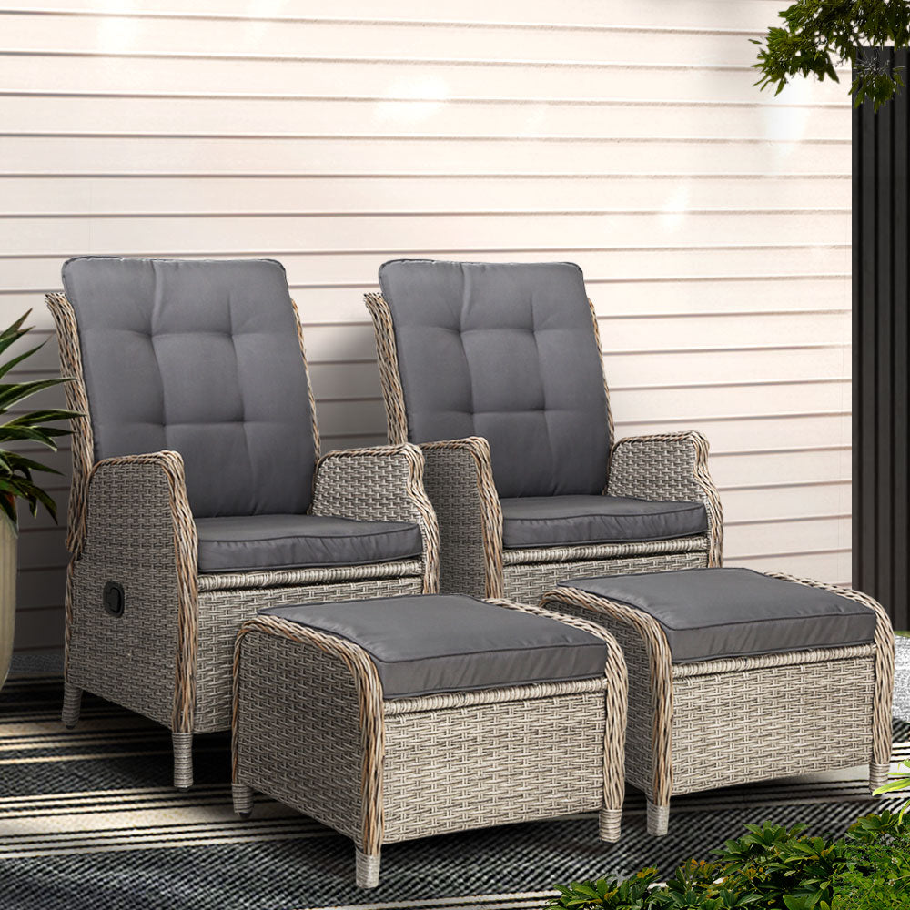 Gardeon 2PC Recliner Chair Sun lounge Wicker Lounger Outdoor Furniture Adjustable Grey ODF-RCL-RW-CHOTM-GEX2