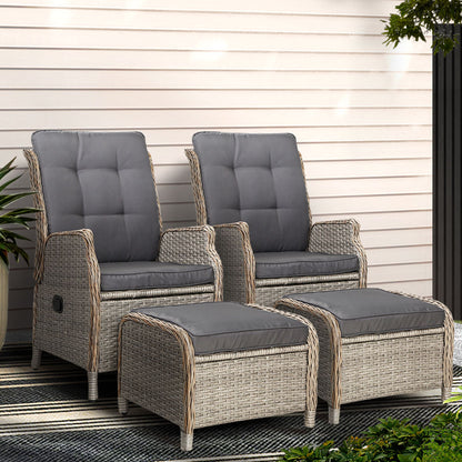 Gardeon 2PC Recliner Chair Sun lounge Wicker Lounger Outdoor Furniture Adjustable Grey ODF-RCL-RW-CHOTM-GEX2