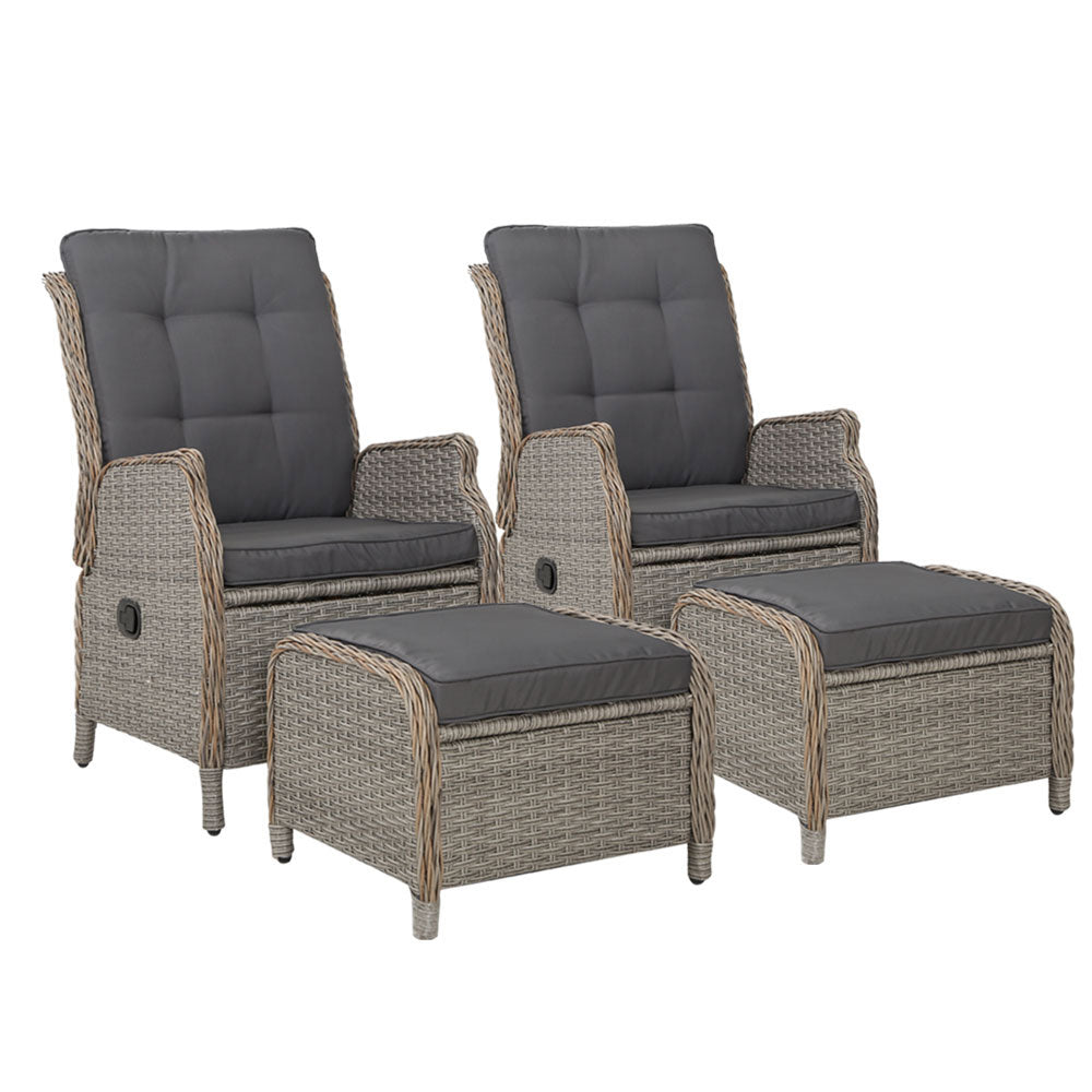 Gardeon 2PC Recliner Chair Sun lounge Wicker Lounger Outdoor Furniture Adjustable Grey ODF-RCL-RW-CHOTM-GEX2