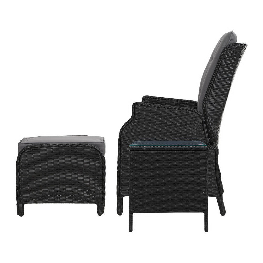 Gardeon 5PC Recliner Chairs Table Sun lounge Wicker Outdoor Furniture Adjustable Black ODF-RCL-RW-CHOTTB-5BK