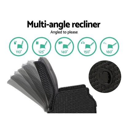 Gardeon 5PC Recliner Chairs Table Sun lounge Wicker Outdoor Furniture Adjustable Black ODF-RCL-RW-CHOTTB-5BK