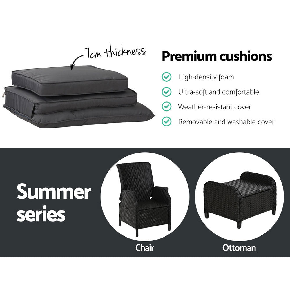 Gardeon 5PC Recliner Chairs Table Sun lounge Wicker Outdoor Furniture Adjustable Black ODF-RCL-RW-CHOTTB-5BK