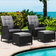 Gardeon 5PC Recliner Chairs Table Sun lounge Wicker Outdoor Furniture Adjustable Black ODF-RCL-RW-CHOTTB-5BK