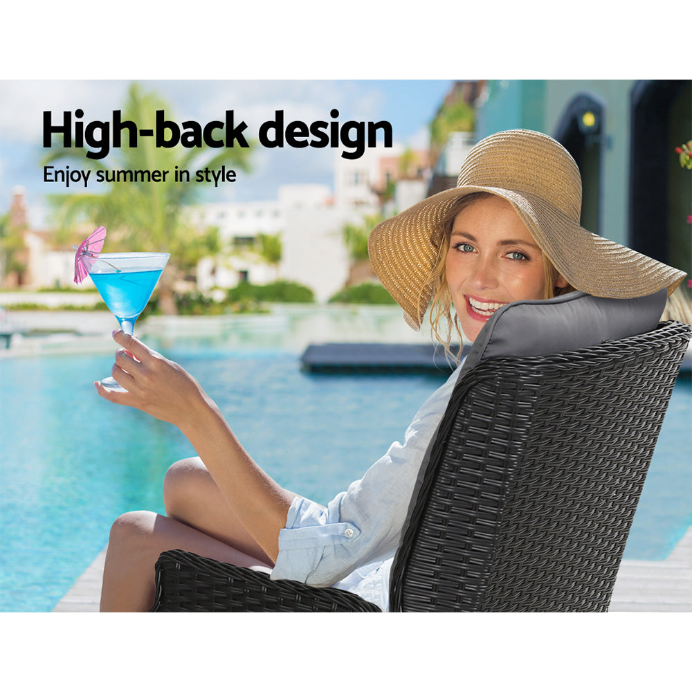 Gardeon 5PC Recliner Chairs Table Sun lounge Wicker Outdoor Furniture Adjustable Black ODF-RCL-RW-CHOTTB-5BK