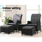 Gardeon 5PC Recliner Chairs Table Sun lounge Wicker Outdoor Furniture Adjustable Black ODF-RCL-RW-CHOTTB-5BK
