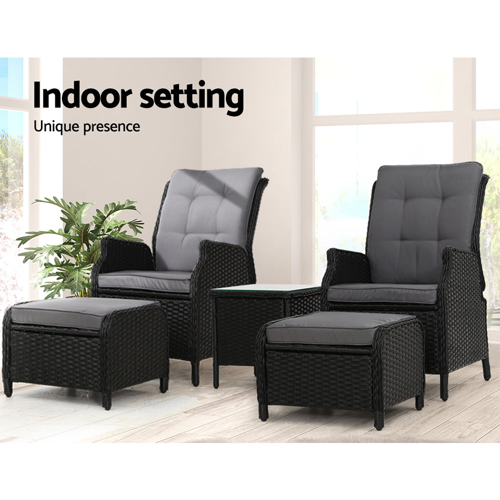 Gardeon 5PC Recliner Chairs Table Sun lounge Wicker Outdoor Furniture Adjustable Black ODF-RCL-RW-CHOTTB-5BK