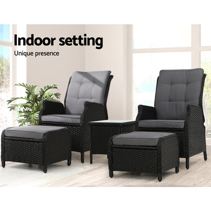 Gardeon 5PC Recliner Chairs Table Sun lounge Wicker Outdoor Furniture Adjustable Black ODF-RCL-RW-CHOTTB-5BK
