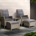 Gardeon 5PC Recliner Chairs Table Sun lounge Wicker Outdoor Furniture Adjustable Grey ODF-RCL-RW-CHOTTB-5GE