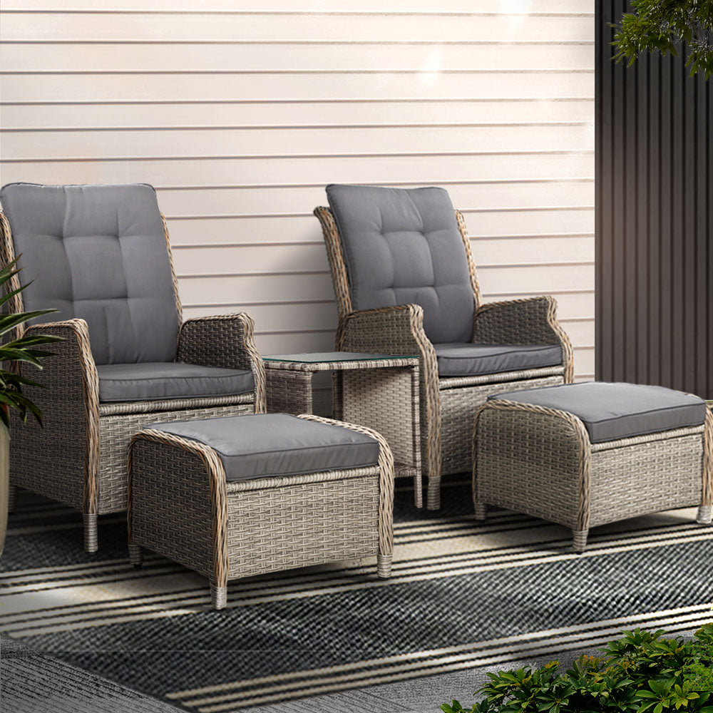 Gardeon 5PC Recliner Chairs Table Sun lounge Wicker Outdoor Furniture Adjustable Grey ODF-RCL-RW-CHOTTB-5GE