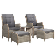 Gardeon 5PC Recliner Chairs Table Sun lounge Wicker Outdoor Furniture Adjustable Grey ODF-RCL-RW-CHOTTB-5GE