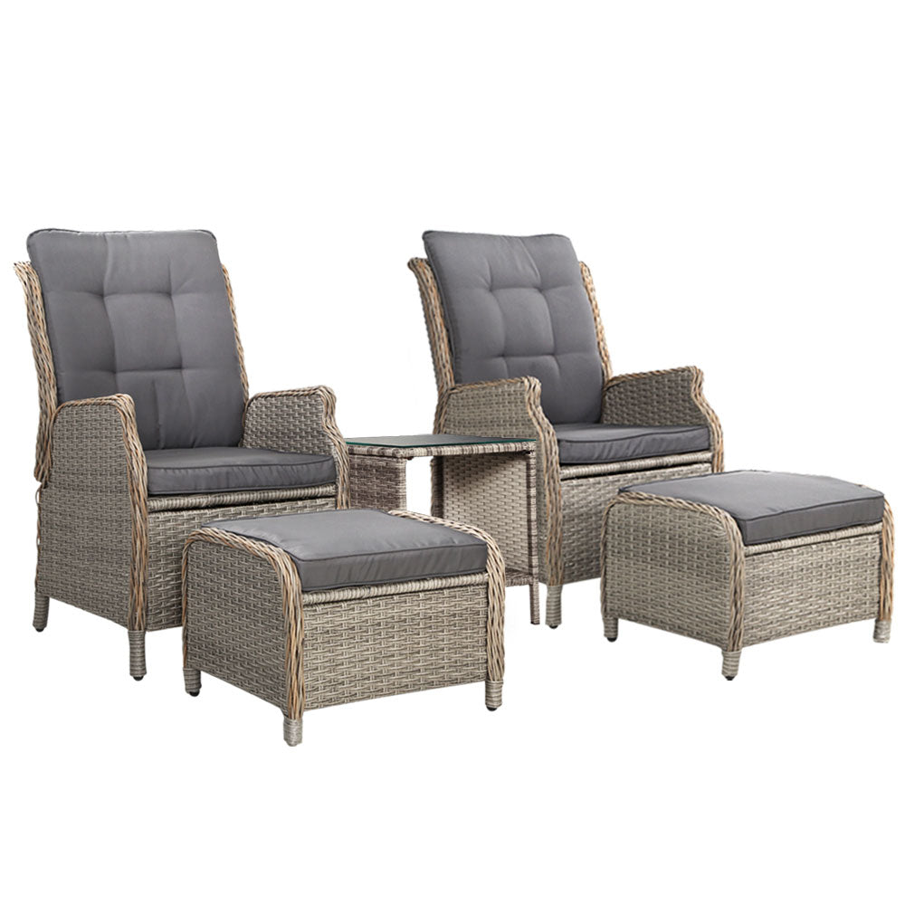Gardeon 5PC Recliner Chairs Table Sun lounge Wicker Outdoor Furniture Adjustable Grey ODF-RCL-RW-CHOTTB-5GE