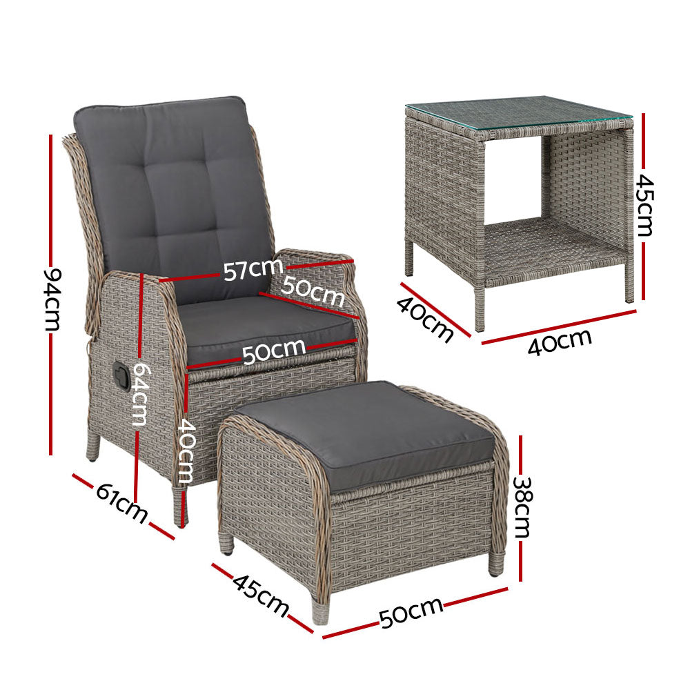 Gardeon 5PC Recliner Chairs Table Sun lounge Wicker Outdoor Furniture Adjustable Grey ODF-RCL-RW-CHOTTB-5GE