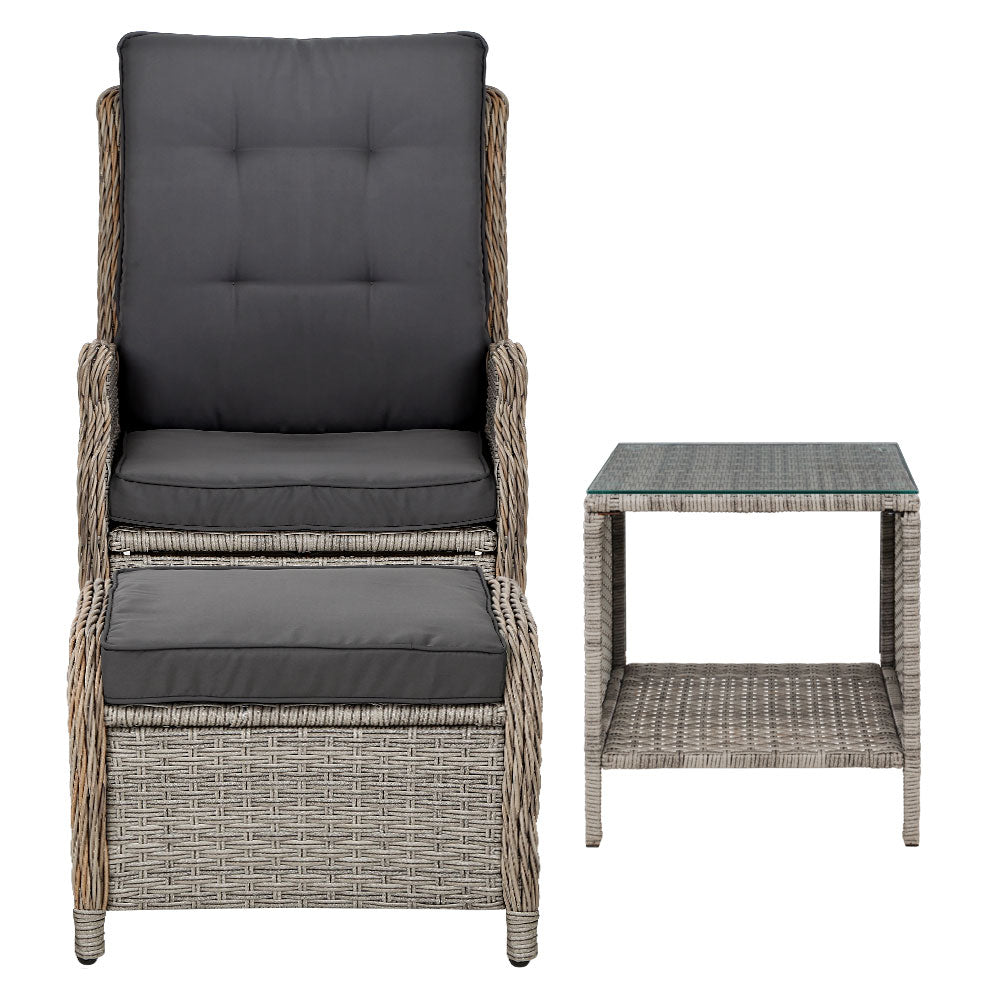 Gardeon 5PC Recliner Chairs Table Sun lounge Wicker Outdoor Furniture Adjustable Grey ODF-RCL-RW-CHOTTB-5GE