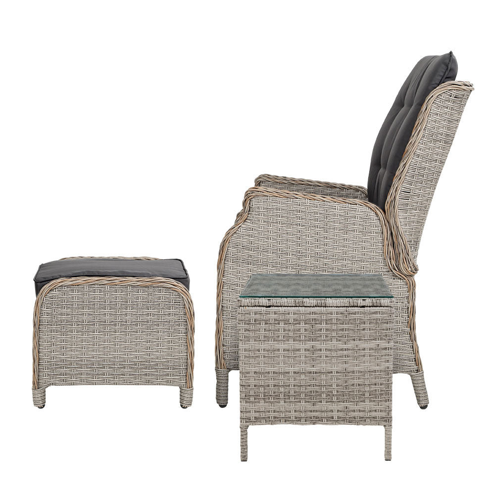 Gardeon 5PC Recliner Chairs Table Sun lounge Wicker Outdoor Furniture Adjustable Grey ODF-RCL-RW-CHOTTB-5GE
