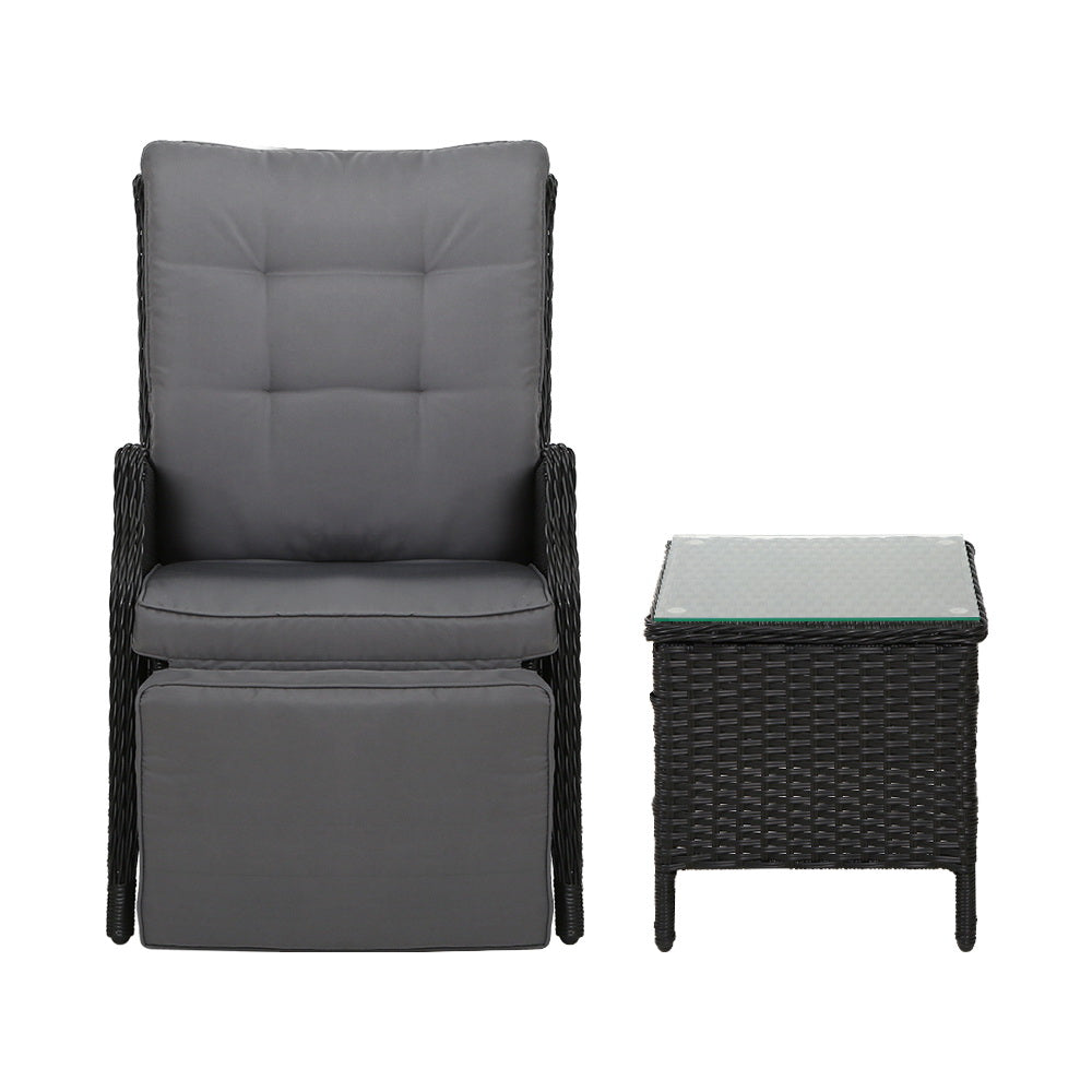 Gardeon 3PC Recliner Chairs Table Sun lounge Outdoor Furniture Wicker Adjustable Black ODF-RCL-RW-FT-3BK