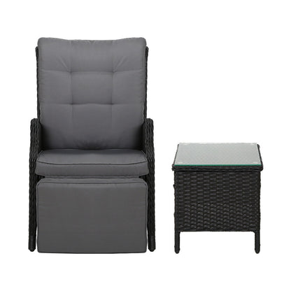 Gardeon 3PC Recliner Chairs Table Sun lounge Outdoor Furniture Wicker Adjustable Black ODF-RCL-RW-FT-3BK