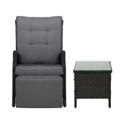 Gardeon 3PC Recliner Chairs Table Sun lounge Outdoor Furniture Wicker Adjustable Black