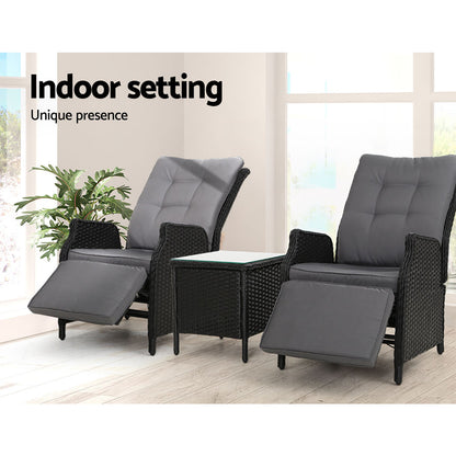 Gardeon 3PC Recliner Chairs Table Sun lounge Outdoor Furniture Wicker Adjustable Black ODF-RCL-RW-FT-3BK