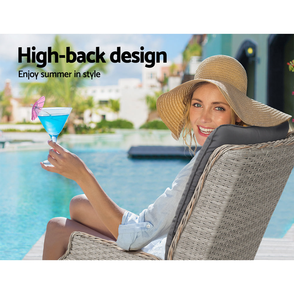 Gardeon 3PC Recliner Chairs Table Sun lounge Outdoor Furniture Wicker Adjustable Grey ODF-RCL-RW-FT-3GE