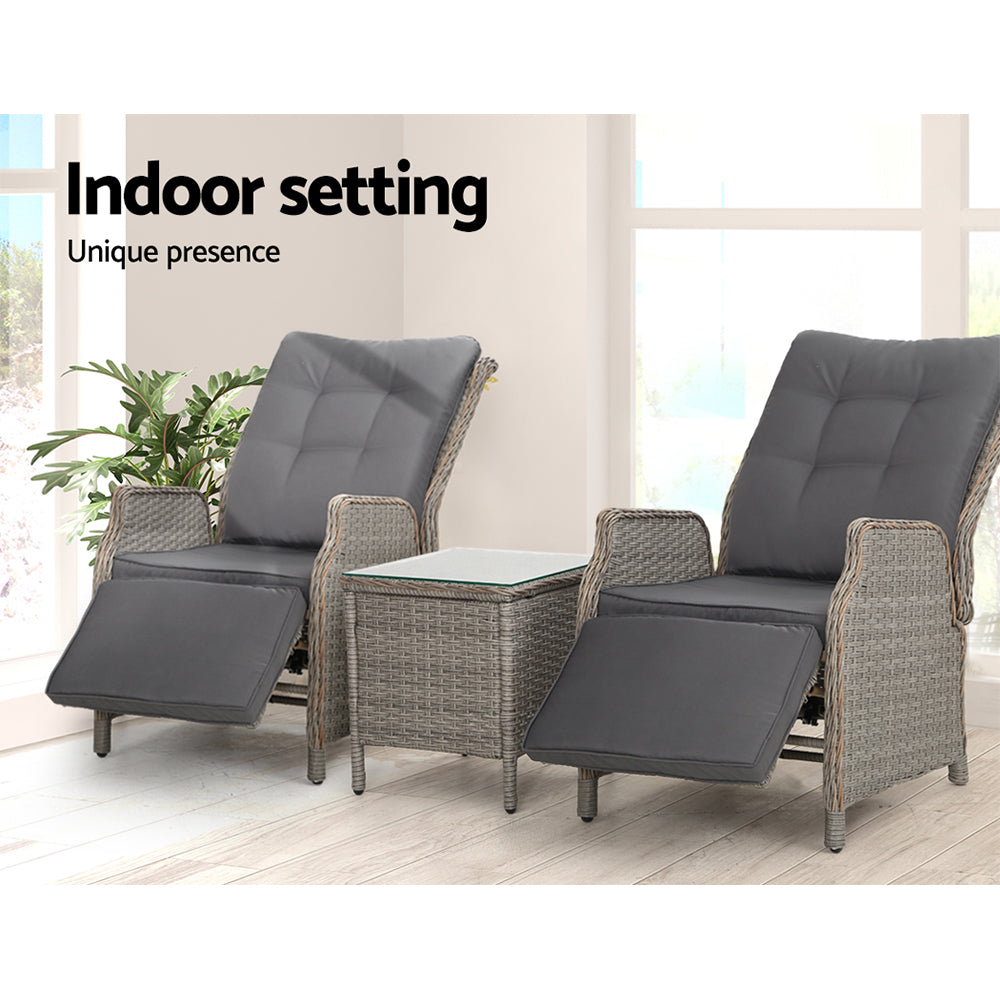 Gardeon 3PC Recliner Chairs Table Sun lounge Outdoor Furniture Wicker Adjustable Grey ODF-RCL-RW-FT-3GE