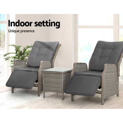 Gardeon 3PC Recliner Chairs Table Sun lounge Outdoor Furniture Wicker Adjustable Grey ODF-RCL-RW-FT-3GE